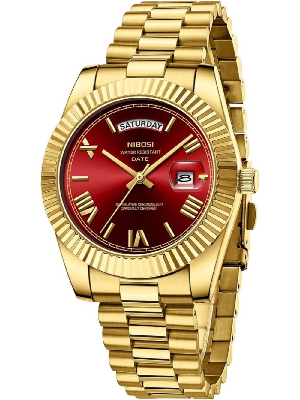 Nibosi Men's Gold Red Analog Quartz Stainless Waterproof Desiger Wrist Watch